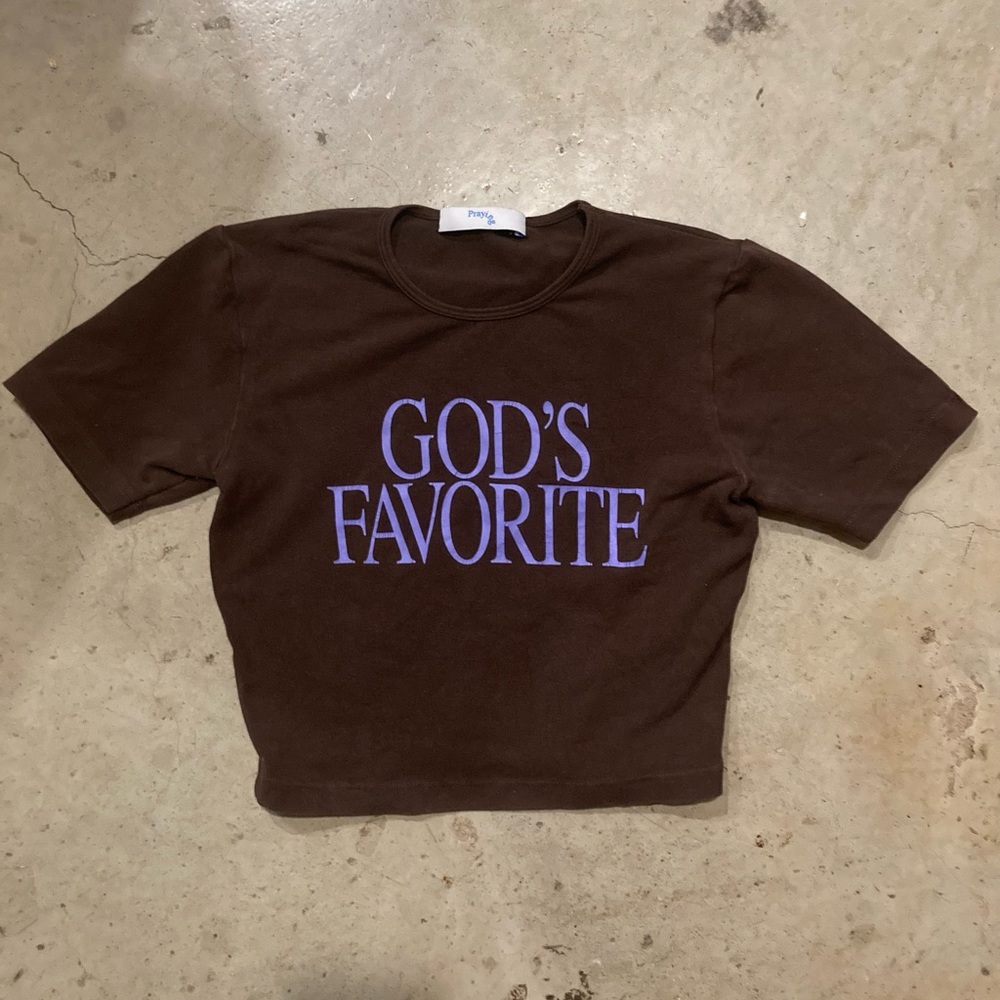 God’s Favorite praying crop top brown and purple size xs